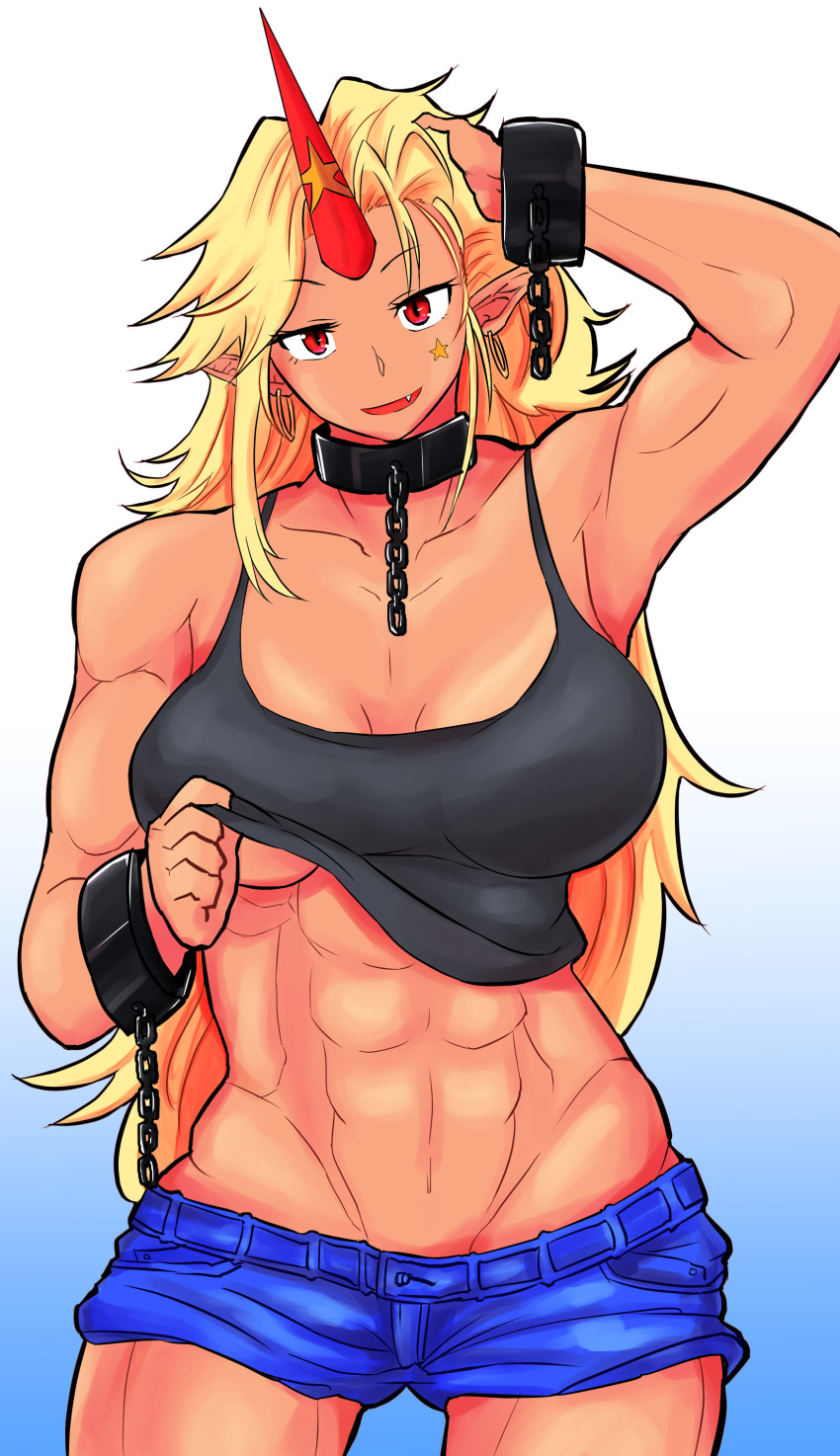 1girl abs absurdres arm_up belly biceps black_tank_top blonde_hair breasts chain collar commentary_request cuffs denim denim_shorts earrings facial_tattoo fang fugaku_(miko_no_miyatsuguchi) gradient gradient_background hand_in_hair highres horns hoshiguma_yuugi jewelry large_breasts long_hair looking_at_viewer midriff muscle muscular_female no_bra pointy_ears red_eyes shackles short_shorts shorts single_horn solo star_(symbol) star_tattoo tank_top tank_top_lift tattoo touhou under_boob