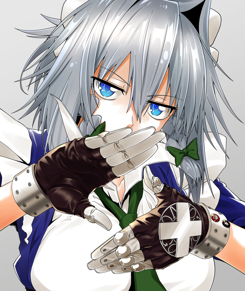 1girl absurdres blue_eyes bow braid breasts eyebrows_visible_through_hair gloves greenkohgen hair_bow highres huge_filesize izayoi_sakuya large_breasts looking_at_viewer maid maid_headdress necktie short_hair silver_hair simple_background solo touhou twin_braids white_background