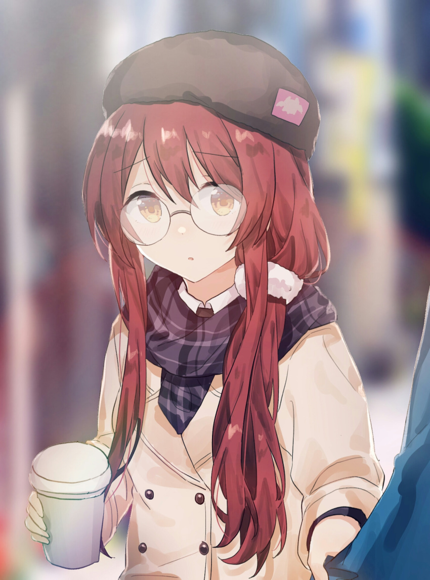 1girl bangs black_headwear blurry blurry_background coat cup eyebrows_visible_through_hair glasses gocoli hair_tie hat highres holding holding_cup idolmaster idolmaster_shiny_colors long_hair looking_at_viewer oosaki_tenka outdoors plaid plaid_scarf redhead round_eyewear scarf solo yellow_eyes