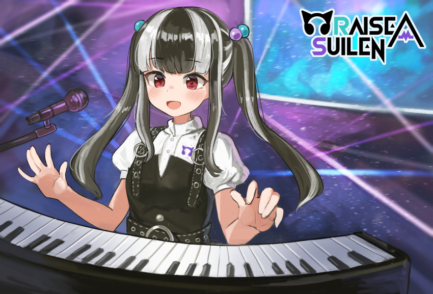 1girl :d bang_dream! bangs belt black_belt black_dress black_hair blunt_bangs blurry blurry_background blush commentary dress eyebrows_visible_through_hair group_name hair_bobbles hair_ornament highres instrument keyboard_(instrument) long_hair looking_down microphone microphone_stand multicolored_hair music nyubara_reona open_mouth playing_instrument purple_background red_eyes seojinhui shirt short_sleeves sidelocks smile solo stage stage_lights standing twintails two-tone_hair upper_body white_hair white_shirt