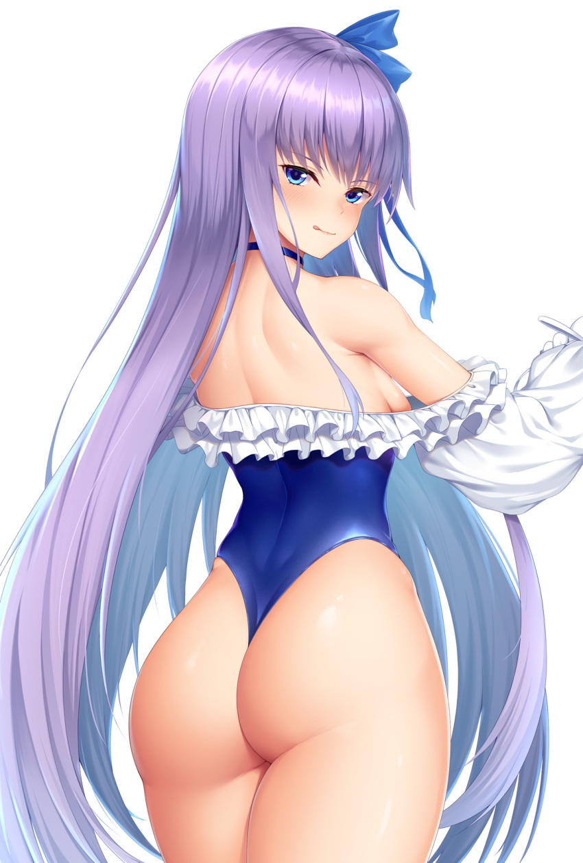 1girl ass back bangs bare_shoulders blue_eyes blue_ribbon blush breasts choker closed_mouth fate/grand_order fate_(series) frills hair_ribbon highleg highleg_swimsuit highres licking_lips long_hair long_sleeves looking_at_viewer looking_back meltryllis meltryllis_(swimsuit_lancer)_(fate) off-shoulder_swimsuit one-piece_swimsuit puffy_sleeves purple_hair ribbon simple_background sleeves_past_fingers sleeves_past_wrists small_breasts swimsuit thighs tongue tongue_out very_long_hair white_background white_ribbon zuizhong