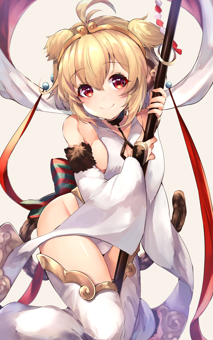 1girl 40_(0f0urw) absurdres ahoge andira_(granblue_fantasy) animal_ears bare_shoulders blonde_hair breasts choker detached_leggings detached_sleeves erune granblue_fantasy highres monkey monkey_ears monkey_girl monkey_tail red_eyes shawl short_hair sideboob solo staff tail twintails two_side_up