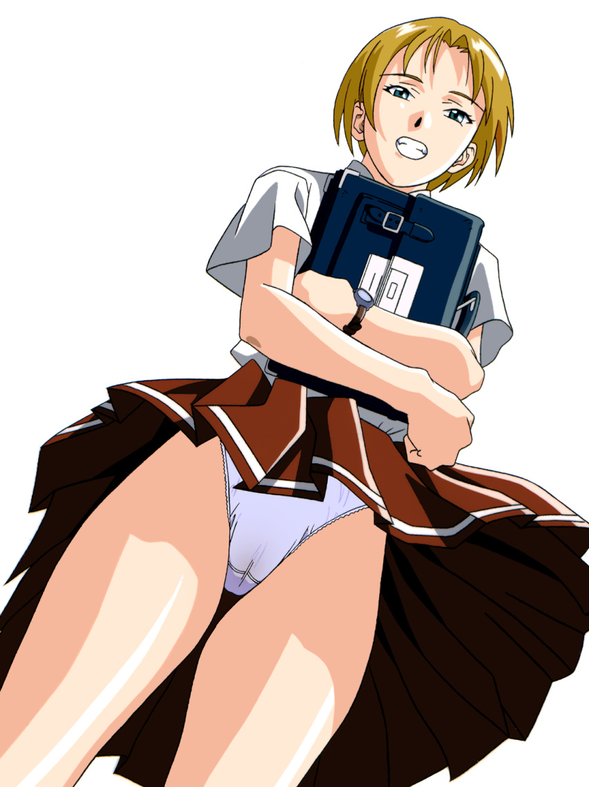 1990s_(style) 1girl blonde_hair blue_eyes dress_shirt grin highres looking_at_viewer object_hug official_art panties pleated_skirt school_briefcase school_uniform shirt shirt_tucked_in short_hair simple_background skirt smile solo underwear upskirt watch watch white_background white_panties white_shirt wind wind_lift yamada_masaki zenkoku_seifuku_bishoujo_grand_prix