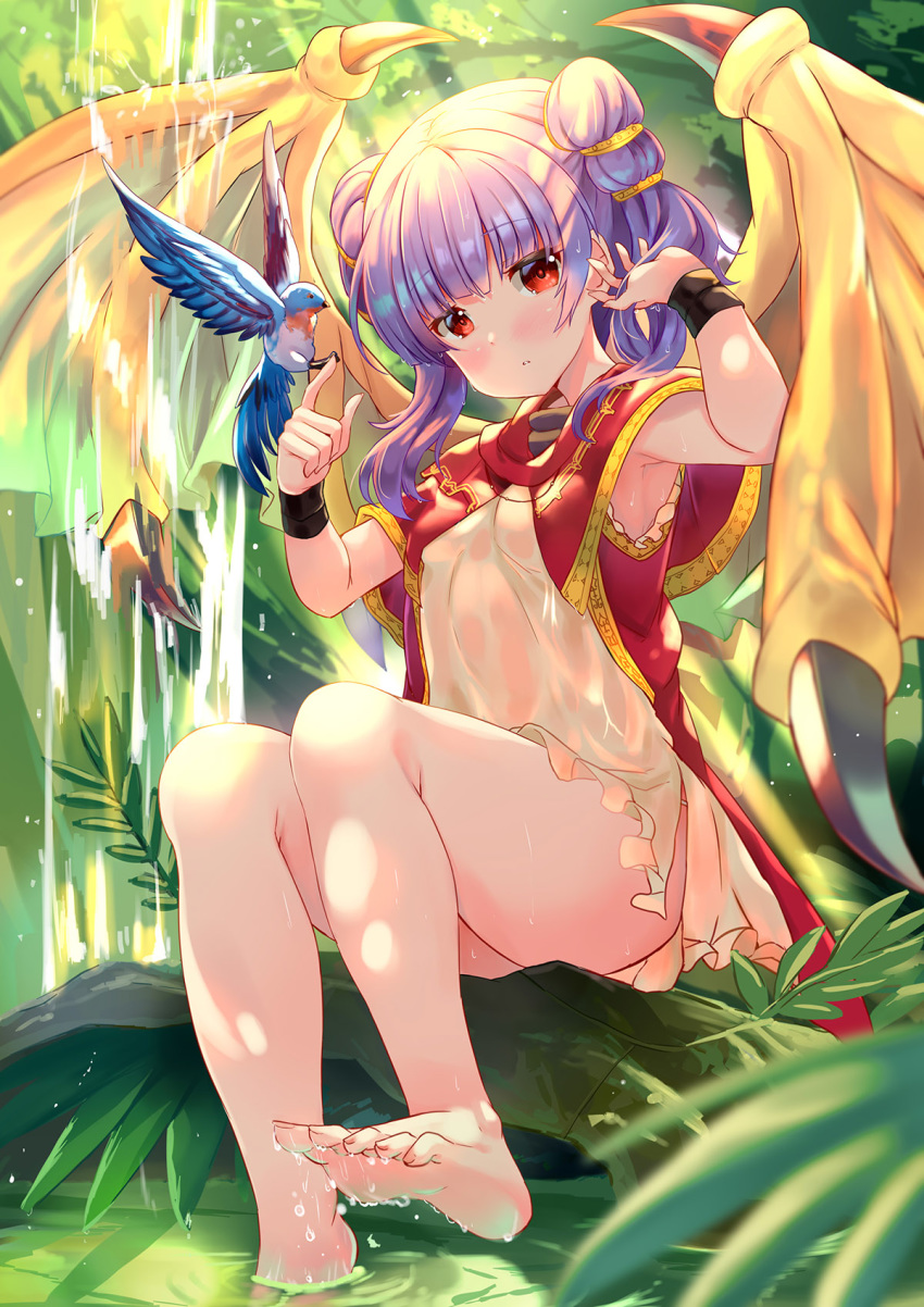 1girl animal bare_legs barefoot bird blush breasts day dragon_girl dragon_wings dress fire_emblem fire_emblem:_the_sacred_stones highres long_hair looking_at_viewer myrrh_(fire_emblem) outdoors purple_hair red_dress red_eyes sitting small_breasts soaking_feet soles solo toes two_side_up wet wings wristband xephonia