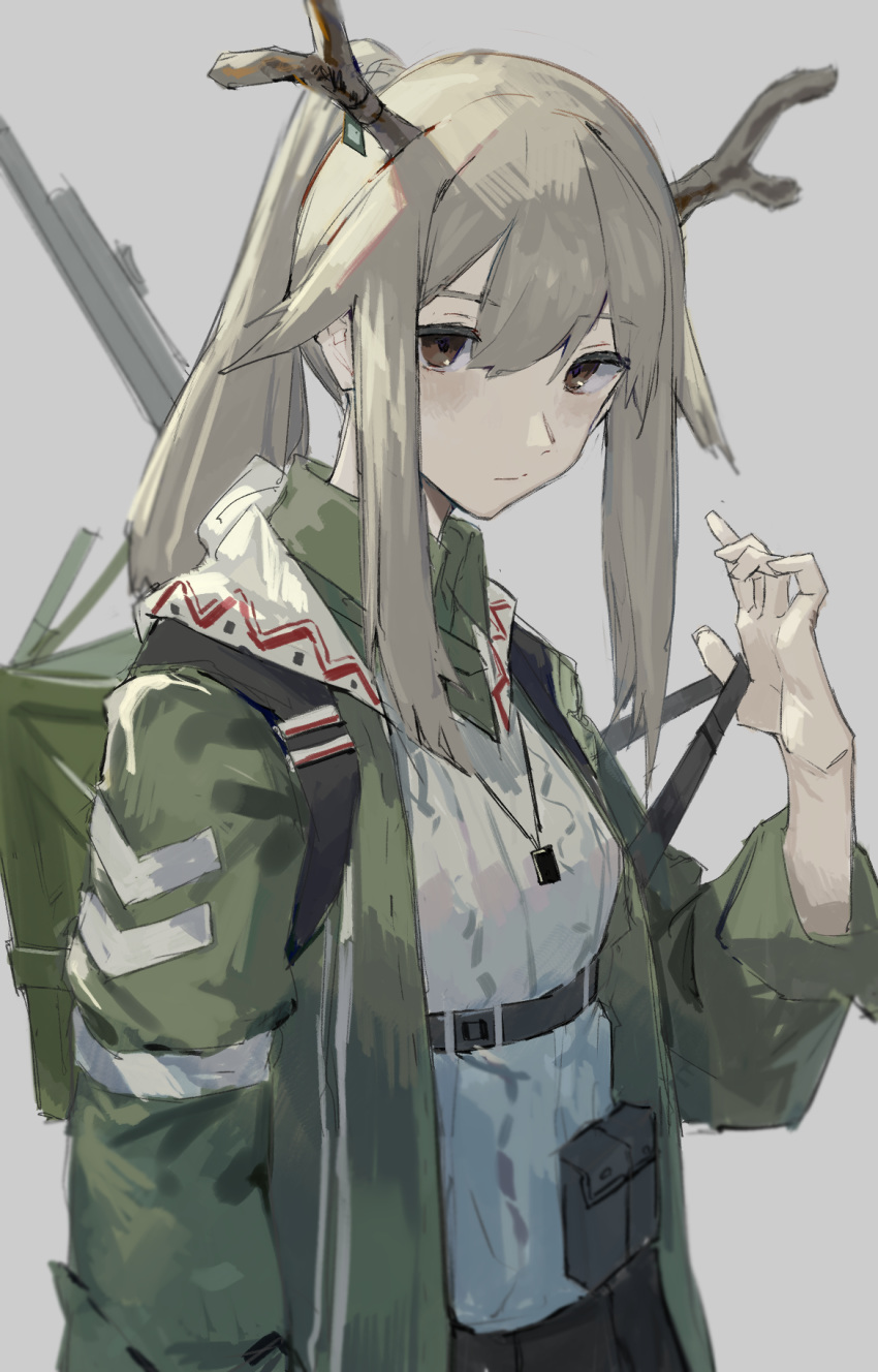 1girl antlers arknights backpack bag breasts brown_eyes closed_mouth collared_shirt commentary cowboy_shot expressionless eyebrows_visible_through_hair firewatch_(arknights) green_jacket green_shirt gun hair_between_eyes highres jacket jewelry long_hair looking_at_viewer medium_breasts necklace open_clothes open_jacket over_shoulder ponytail rifle rifle_on_back shirt silver_hair solo strap_pull vest weapon weapon_over_shoulder white_vest wing_collar yu-hi