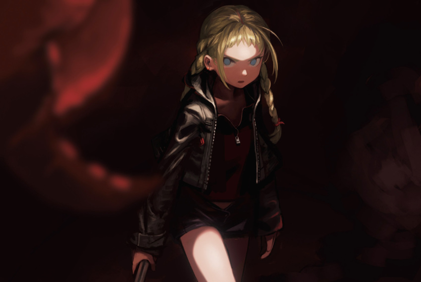 1girl blonde_hair blue_eyes braid flat_chest forehead highres holding holding_weapon jacket lead_pipe leather leather_jacket medium_hair original parted_lips sara_manta shadow shorts solo twin_braids weapon