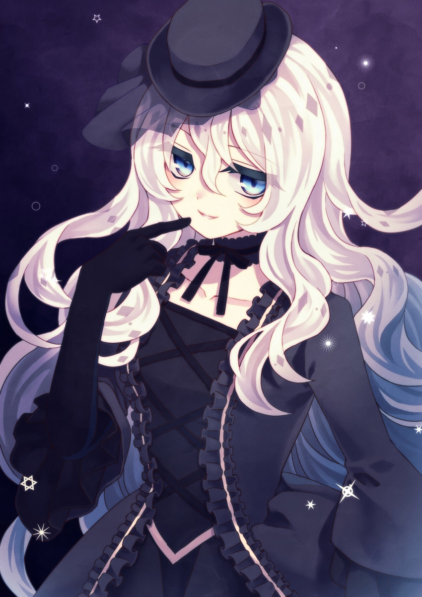 1girl asada_ryou bangs black_dress black_gloves black_ribbon blue_eyes choker collarbone dress elbow_gloves eyebrows_visible_through_hair finger_to_mouth gloves gothic_lolita grin hair_between_eyes highres index_finger_raised lolita_fashion long_hair long_sleeves neck_ribbon original purple_background ribbon silver_hair smile solo standing very_long_hair