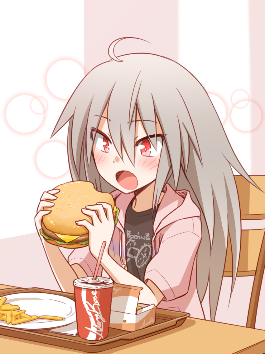 1girl ahoge blonde_hair blush cola eating elena_trafalgar eyebrows_visible_through_hair eyes_visible_through_hair food french_fries hamburger highres holding holding_food hood hoodie ikune_juugo long_hair open_mouth original red_eyes solo tray