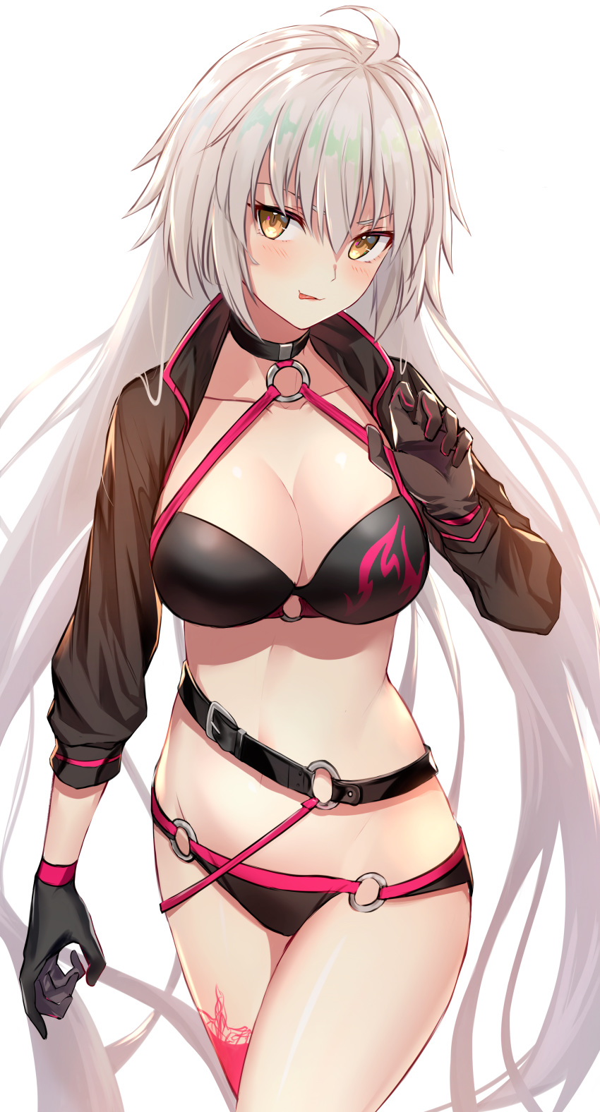 1girl absurdres ahoge bangs belt bikini black_bikini black_choker black_gloves black_jacket blush breasts choker collarbone cropped_jacket fate/grand_order fate_(series) gloves highres jacket jeanne_d'arc_(alter_swimsuit_berserker) jeanne_d'arc_(fate)_(all) jun_(aousa0328) large_breasts long_hair long_sleeves looking_at_viewer navel o-ring o-ring_bikini open_mouth red_legwear shrug_(clothing) silver_hair simple_background single_thighhigh strap_pull swimsuit thigh-highs very_long_hair white_background yellow_eyes