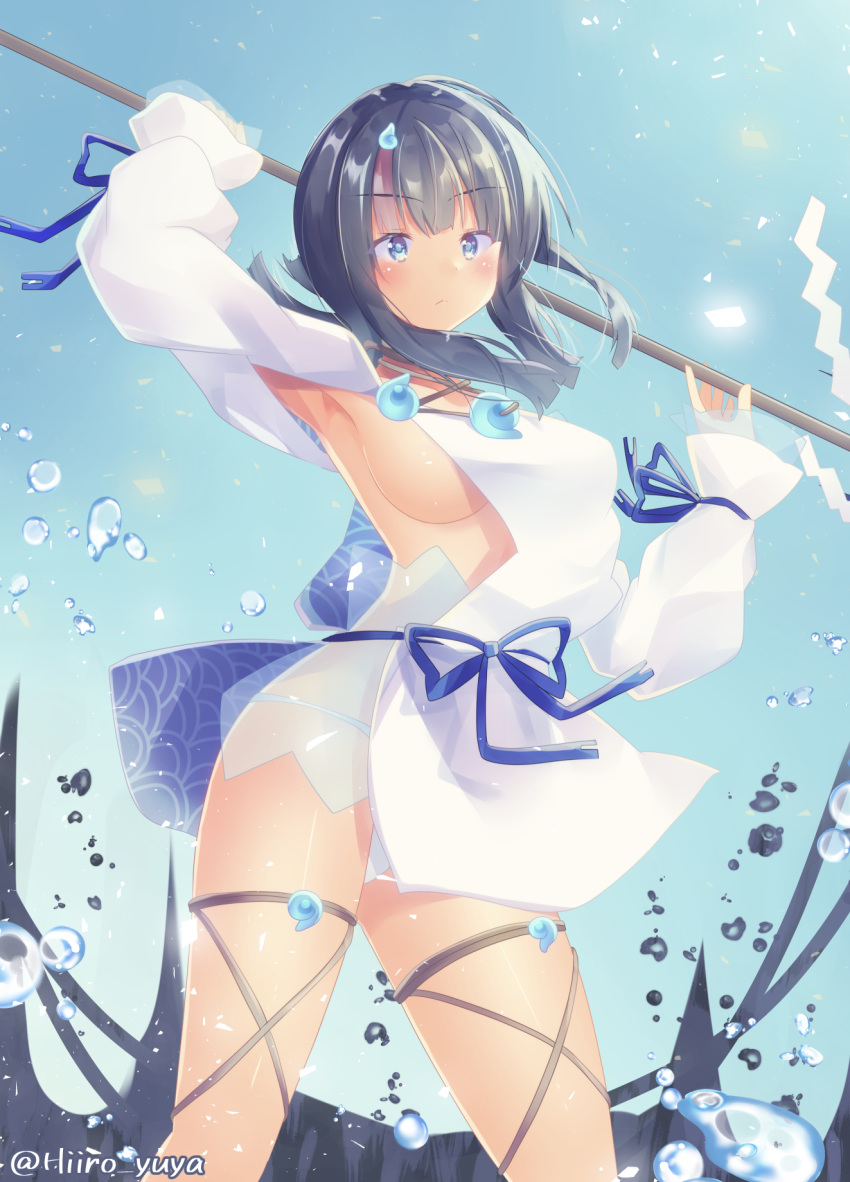 1girl armpits arms_up bangs bare_shoulders black_hair blue_eyes blue_ribbon blue_sky blush breasts closed_mouth dress fate/grand_order fate/requiem fate_(series) fundoshi highres hiiro_yuya japanese_clothes jewelry large_breasts long_sleeves looking_at_viewer magatama magatama_hair_ornament medium_hair multicolored_hair necklace pelvic_curtain pink_hair polearm puffy_long_sleeves puffy_sleeves ribbon short_dress sideboob sideless_outfit sky spear streaked_hair thighs utsumi_erise water_drop weapon white_dress
