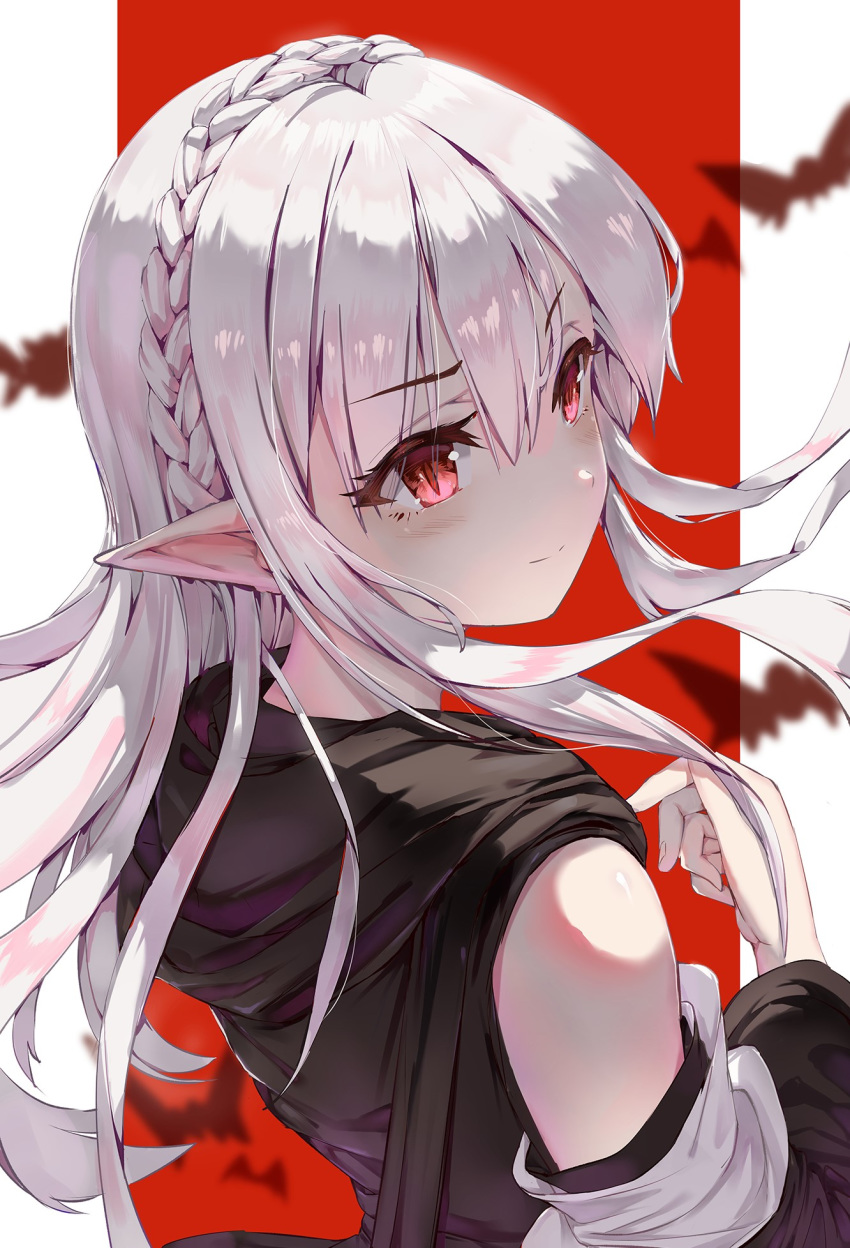 &gt;:) 1girl arknights bare_shoulders bat blush braid closed_mouth crown_braid detached_sleeves eyebrows_visible_through_hair from_behind highres hood hood_down long_hair long_sleeves looking_at_viewer looking_back qihei_haigu red_eyes silver_hair slit_pupils smile solo two-tone_background upper_body v-shaped_eyebrows warfarin_(arknights)