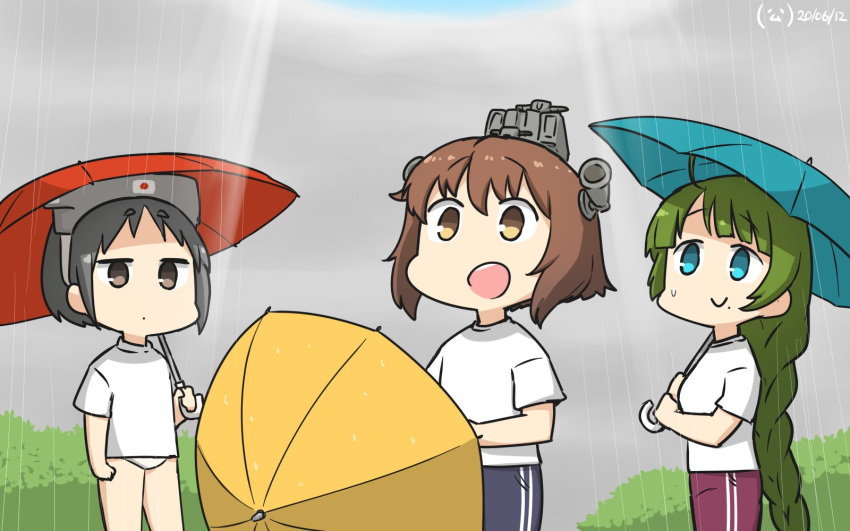 3girls alternate_costume black_hair blue_eyes blue_pants blue_umbrella braid brown_eyes brown_hair commentary_request dated diving_mask diving_mask_on_head feet_out_of_frame green_hair hamu_koutarou headgear headset highres kantai_collection long_hair looking_up maru-yu_(kantai_collection) mole mole_under_mouth multiple_girls open_mouth outdoors pants purple_pants rain red_umbrella round_teeth shirt short_hair single_braid speaking_tube_headset swimsuit swimsuit_under_clothes t-shirt teeth track_pants umbrella upper_teeth very_long_hair white_shirt white_swimsuit yellow_umbrella yukikaze_(kantai_collection) yuugumo_(kantai_collection)