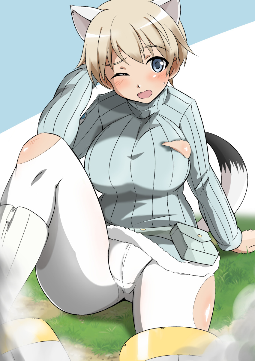 1girl absurdres animal_ears arm_up bangs blonde_hair blush brave_witches breasts commentary eyebrows_visible_through_hair grass grey_eyes highres large_breasts looking_at_viewer nikka_edvardine_katajainen on_ground one_eye_closed open_mouth pouch ribbed_sweater simple_background sitting smoke strike_witches striker_unit sweater tail torn_clothes torn_legwear tricky_46 wavy_mouth white_legwear world_witches_series