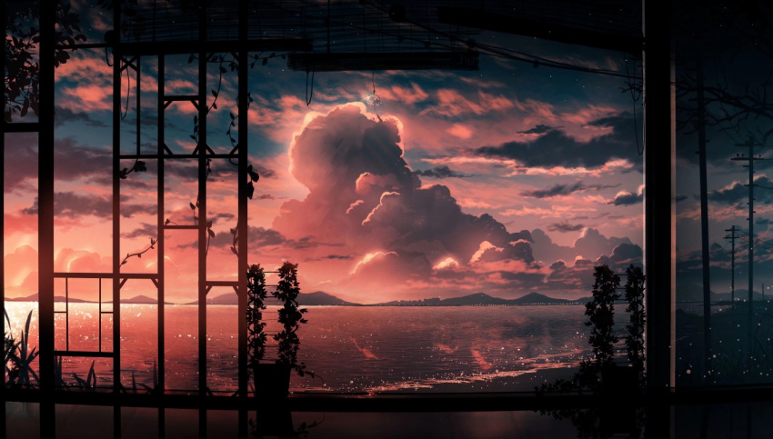 backlighting beach city_lights clouds cloudy_sky dark hill horizon light_particles no_humans original plant potted_plant scenery sky skyrick9413 star_(sky) sunset telephone_pole vines water