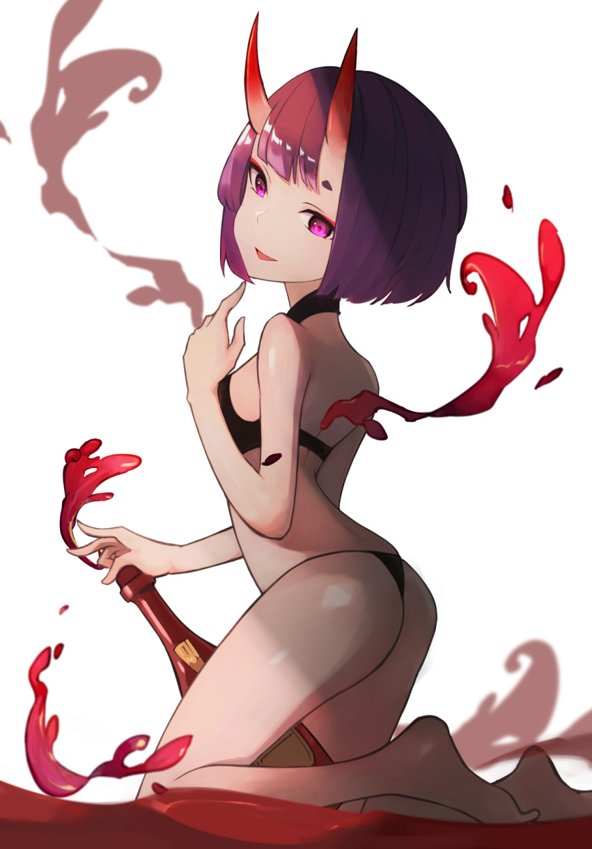 1girl alcohol artist_request ass bangs bare_shoulders bikini black_bikini bob_cut bottle breasts eyeliner fate/grand_order fate_(series) feet highres horns legs looking_at_viewer makeup oni oni_horns open_mouth purple_hair short_hair shuten_douji_(fate/grand_order) skin-covered_horns small_breasts smile swimsuit violet_eyes wine wine_bottle