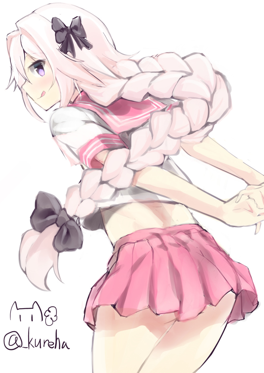 1boy :q absurdres arms_behind_back artist_name astolfo_(fate) black_bow bow braid commentary crossdressinging fate/apocrypha fate/grand_order fate_(series) hair_bow highres interlocked_fingers kureha_(angelite) long_hair looking_at_viewer male_focus otoko_no_ko pink_hair pink_skirt pleated_skirt school_uniform serafuku skirt smile solo tongue tongue_out uniform violet_eyes watermark