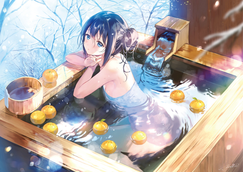 1girl bangs bare_legs black_hair blue_eyes breasts commentary_request floating floating_object hair_bun hanekoto light_particles naked_towel onsen original parted_lips partially_submerged sideboob sidelocks signature small_breasts snow solo towel tree tree_branch water winter wooden_bathtub yuzu_(fruit) yuzu_bath