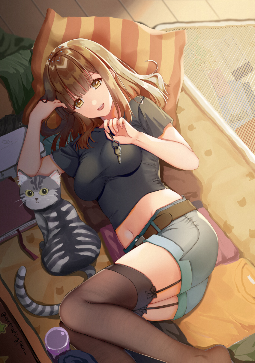 1girl absurdres belt black_shirt breasts brown_eyes brown_hair brown_legwear crop_top denim denim_shorts garter_straps groin hand_up highres impossible_clothes impossible_shirt long_hair looking_at_viewer lying mahou_shounen medium_breasts midriff navel on_back original parted_lips shirt short_shorts shorts smile solo stomach thigh-highs thighs