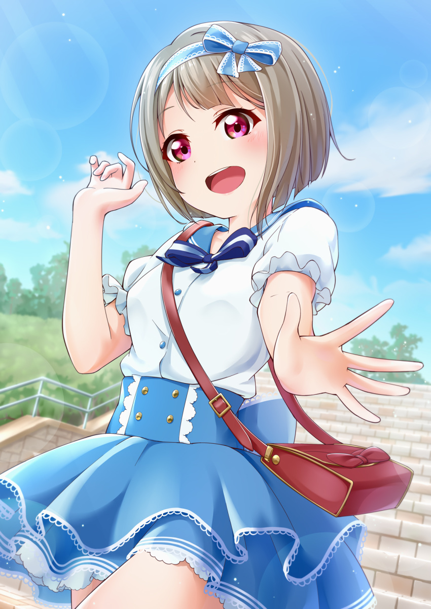 1girl blue_skirt brown_bag casual highres light_brown_hair looking_at_viewer love_live! love_live!_school_idol_project nakasu_kasumi open_mouth prbili puffy_short_sleeves puffy_sleeves short_sleeves skirt smile solo violet_eyes