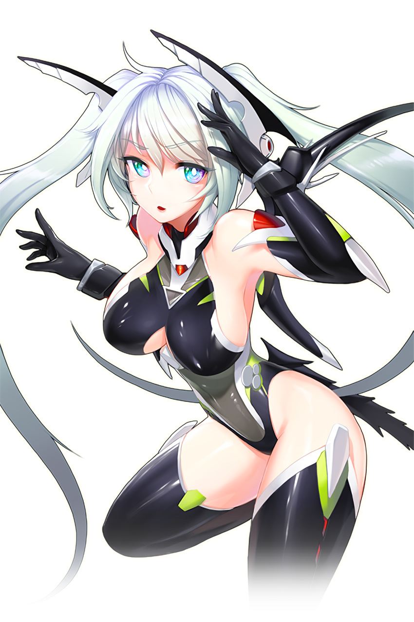 1girl :o armpits bare_shoulders black_gloves black_legwear black_leotard blue_eyes breasts elbow_gloves gloves hair_ornament headgear highres large_breasts leotard long_hair looking_at_viewer maggie_(soccer_spirits) mecha_musume multicolored multicolored_eyes official_art silver_hair snowball22 soccer_spirits tail thigh-highs twintails violet_eyes
