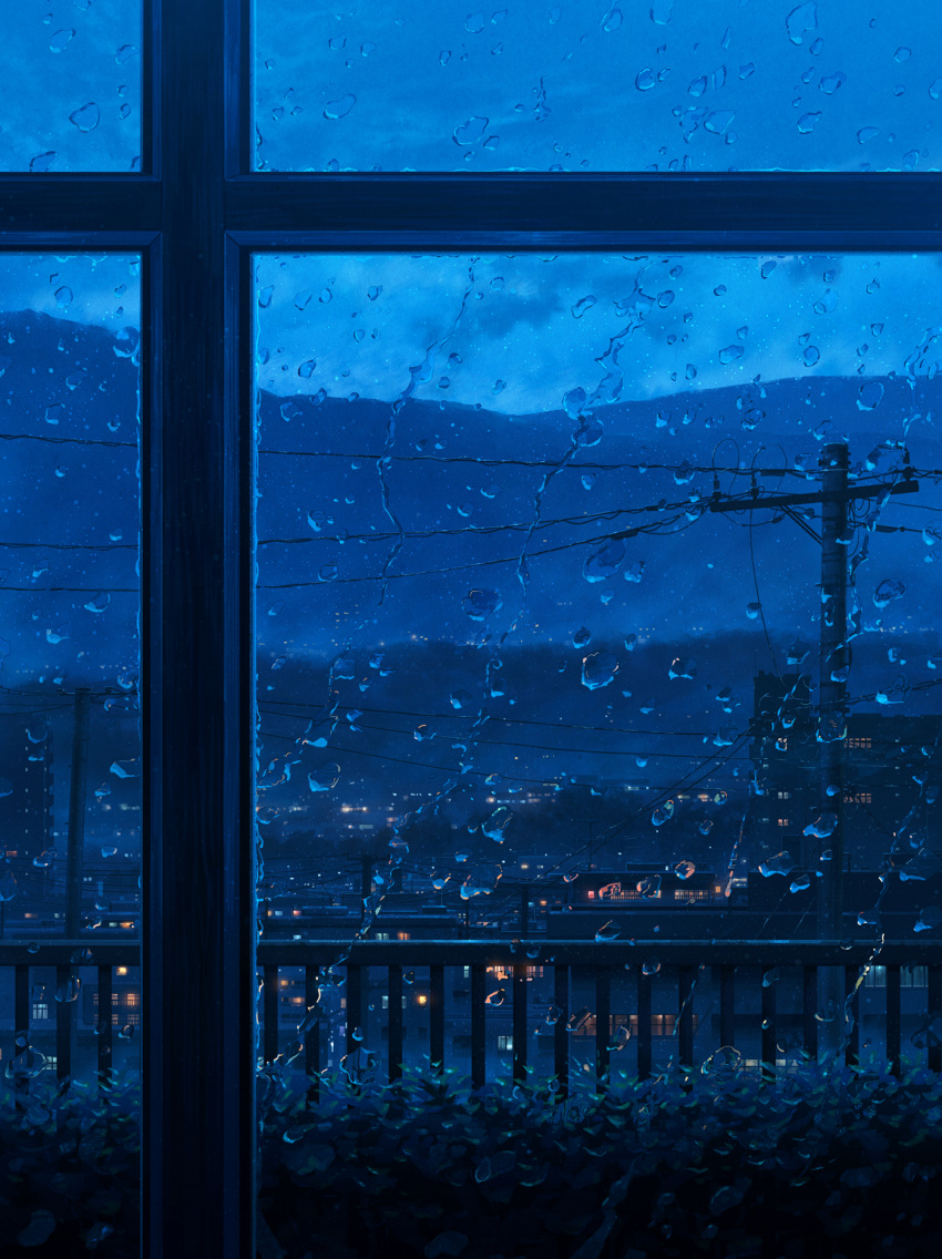 blue_theme blurry city city_lights clouds cola_(gotouryouta) commentary dark depth_of_field dusk highres hill indoors no_humans original plant power_lines railing rain scenery sky telephone_pole water_drop window