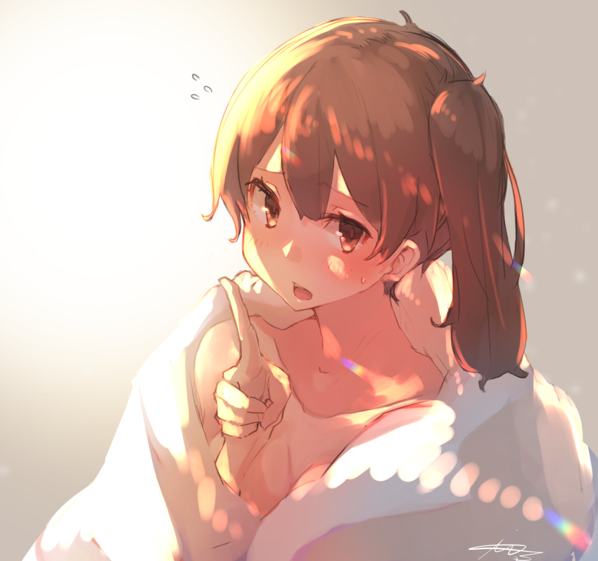 1girl akicosmossakasa bare_shoulders brown_eyes brown_hair flying_sweatdrops gradient gradient_background grey_background highres index_finger_raised kaga_(kantai_collection) kantai_collection long_hair looking_at_viewer open_mouth side_ponytail signature solo symbol_commentary towel upper_body white_background