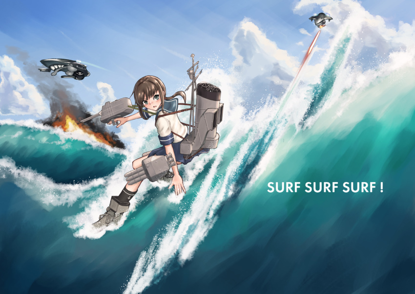 1girl anchor_print black_eyes black_hair black_legwear blue_skirt blue_sky cannon enemy_aircraft_(kantai_collection) fubuki_(kantai_collection) kantai_collection low_ponytail miniskirt ocean outdoors owada_(kousonhuchi) pleated_skirt ponytail rigging school_uniform serafuku shinkaisei-kan shirt short_ponytail short_sleeves sidelocks skirt sky smokestack socks torpedo_tubes turret water waves white_shirt