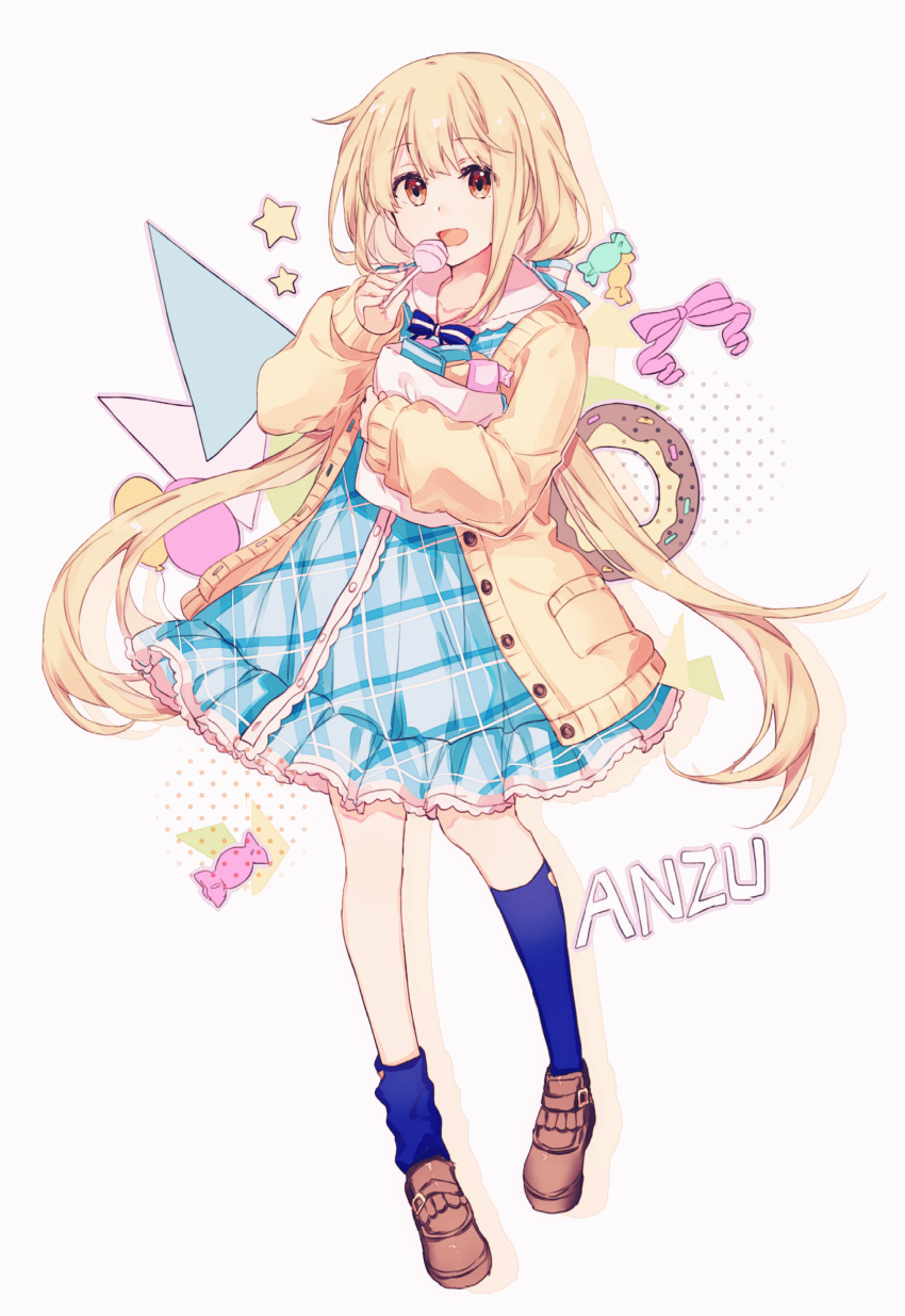 1girl absurdres bangs blonde_hair blue_dress blue_legwear blue_neckwear boots bow bowtie brown_footwear candy character_name chupa_chups dress eyebrows_visible_through_hair food full_body futaba_anzu gocoli hair_bow hair_tie highres idolmaster idolmaster_cinderella_girls jacket lollipop long_hair looking_at_viewer low_twintails mismatched_legwear open_clothes open_jacket open_mouth plaid plaid_dress sidelocks solo tareme twintails yellow_jacket