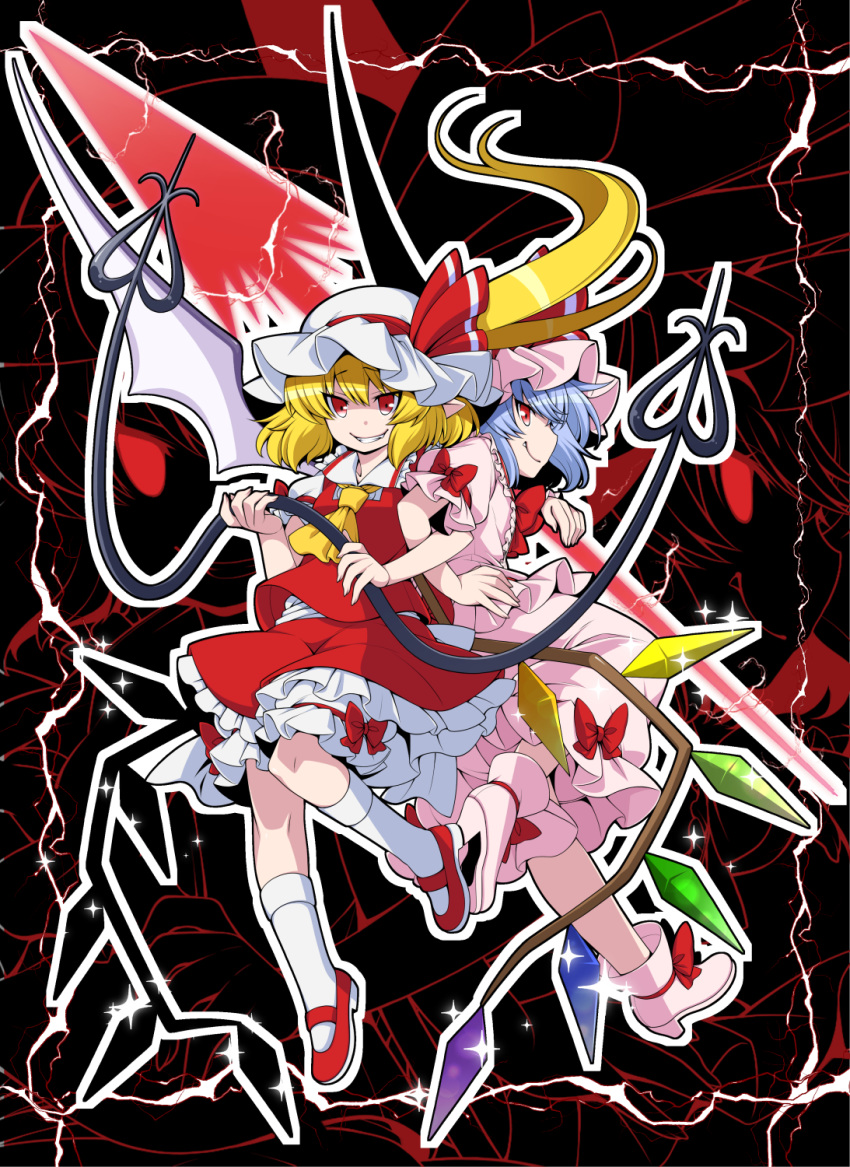 2girls ascot bat_wings black_background blonde_hair blue_hair boots bow commentary_request crystal eichi_yuu fang flandre_scarlet frilled_shirt_collar frilled_skirt frilled_sleeves frills grin hat hat_ribbon highres kneehighs laevatein long_skirt looking_at_viewer mary_janes medium_skirt mob_cap multiple_girls puffy_short_sleeves puffy_sleeves red_bow red_eyes red_neckwear red_ribbon red_vest remilia_scarlet ribbon shirt shoes short_hair short_sleeves siblings sisters skirt smile touhou vest white_legwear white_shirt wings yellow_neckwear