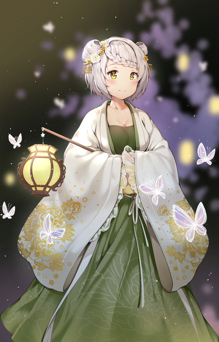 1girl absurdres braid bug butterfly chinese_clothes chongqing_(warship_girls_r) double_bun dress french_braid green_dress highres insect remodel_(warship_girls_r) short_hair situmey solo warship_girls_r white_butterfly white_hair wide_sleeves yellow_eyes