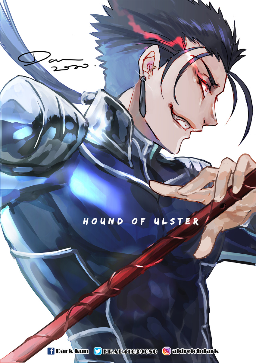 1boy blue_bodysuit blue_hair bodysuit cu_chulainn_(fate)_(all) darkn2ght_(bluepeppermints) earrings fate/grand_order fate/stay_night fate_(series) from_side gae_bolg glowing glowing_eye grin hair_strand highres jewelry lancer long_hair male_focus ponytail profile red_eyes shoulder_armor signature simple_background smile solo upper_body watermark white_background