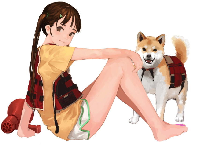 1girl bare_legs barefoot brown_eyes brown_hair closed_mouth dog eyebrows_visible_through_hair full_body highres long_hair looking_at_viewer megaphone original sara_manta shiba_inu shirt short_sleeves shorts sitting smile solo twintails white_shorts yellow_shirt