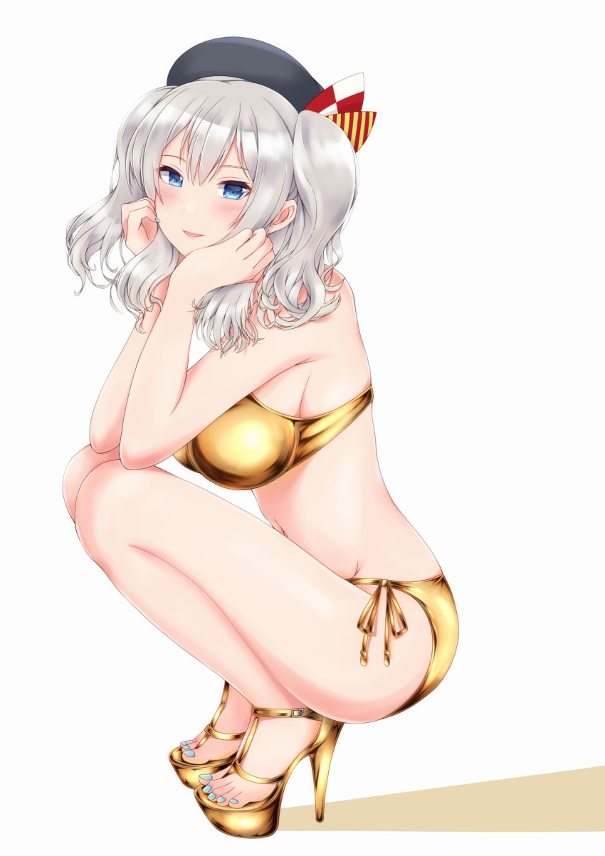 1girl beret bikini black_headwear blue_eyes breasts commentary_request full_body gold_bikini hat highres kantai_collection kashima_(kantai_collection) large_breasts long_hair looking_at_viewer open_toe_shoes otobi platform_footwear side-tie_bikini sidelocks silver_hair simple_background solo squatting swimsuit toenail_polish twintails wavy_hair white_background