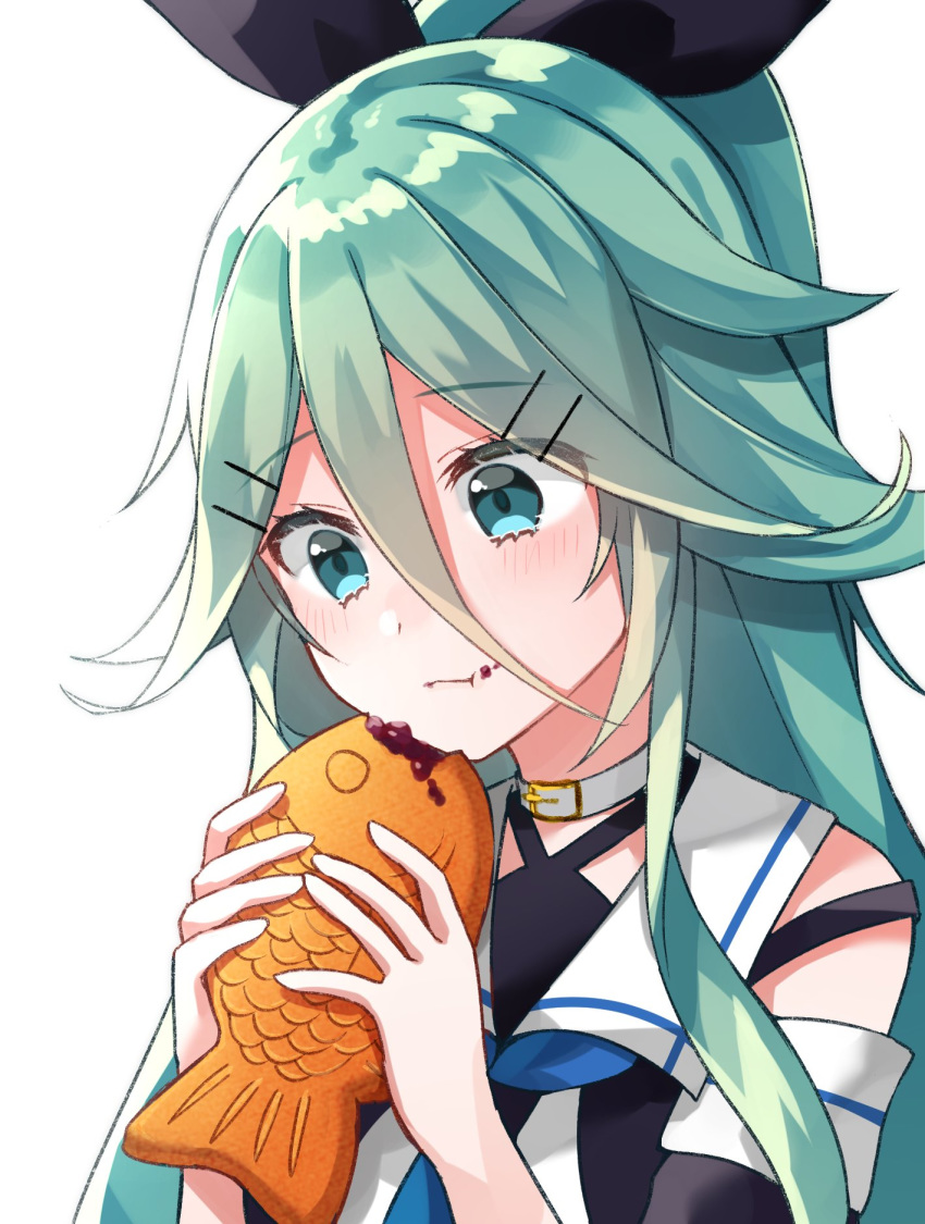 1girl aqua_eyes aqua_hair bare_shoulders black_ribbon black_serafuku blush detached_sleeves eating eyebrows_visible_through_hair food food_on_face hair_between_eyes hair_ribbon highres holding holding_food kantai_collection katsuobushi_(eba_games) long_hair long_sleeves ponytail ribbon school_uniform serafuku simple_background solo taiyaki wagashi white_background yamakaze_(kantai_collection)