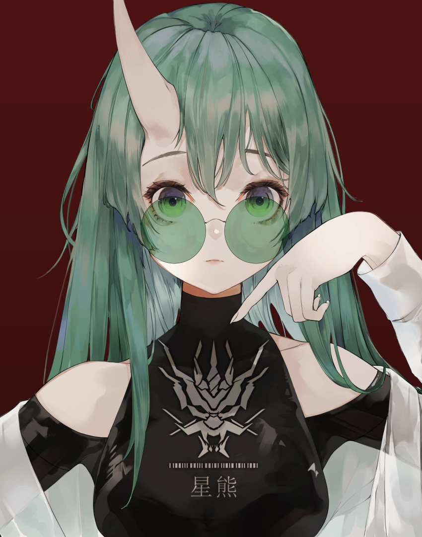 1girl absurdres arknights arm_up bangs bare_shoulders breasts closed_mouth clothes_writing collarbone fingernails green-tinted_eyewear green_eyes green_hair highres horns hoshiguma_(arknights) long_fingernails long_hair long_sleeves medium_breasts mile_(mil2) pointing pointing_at_self portrait red_background rimless_eyewear round_eyewear see-through shoulder_cutout simple_background single_horn skin-covered_horns