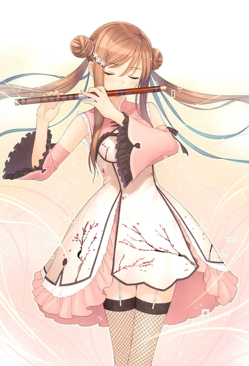 1girl absurdres bangs bare_shoulders blush brown_hair chun-mei closed_eyes detached_sleeves double_bun dress eyebrows_visible_through_hair female fishnet_legwear fishnet_thighhighs fishnets floral_print flute frills garter_straps gradient gradient_background hair_ornament hairclip highres holding holding_instrument instrument long_hair original pink_dress scan shiny shiny_skin sidelocks simple_background sleeveless sleeveless_dress solo sparkle tanaka_takayuki tied_hair tree_branch twintails wide_sleeves