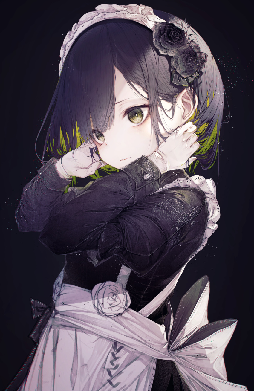 1girl absurdres apron back_bow bangs black_background black_dress black_flower black_hair black_rose bow closed_mouth dress flower frills gloves green_eyes green_hair hair_behind_ear hair_flower hair_ornament hand_in_hair highres hito_komoru lace-trimmed_apron long_sleeves looking_away maid_headdress multicolored_hair original puffy_short_sleeves puffy_sleeves rose short_hair short_over_long_sleeves short_sleeves simple_background sketch solo two-tone_hair upper_body white_apron white_bow white_gloves