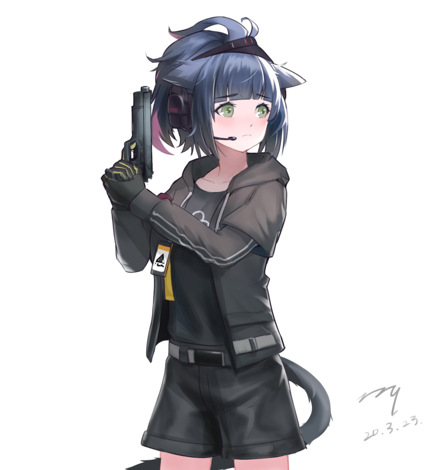 1girl animal_ears arknights bangs black_gloves black_hair black_shirt black_shorts blunt_bangs blush breasts cat_ears cat_tail collarbone commentary_request drawstring eyebrows_visible_through_hair feet_out_of_frame frown gloves green_eyes grey_jacket gun handgun hands_up headgear headset high_ponytail highres holding holding_gun holding_weapon hood hood_down hooded_jacket id_card jacket jessica_(arknights) large_breasts long_hair long_sleeves looking_to_the_side multicolored_hair open_clothes open_jacket photoshop_(medium) pink_hair pistol ponytail shirt shorts sidelocks signature simple_background solo standing tachi-e tail trigger_discipline two-tone_hair weapon white_background zzq