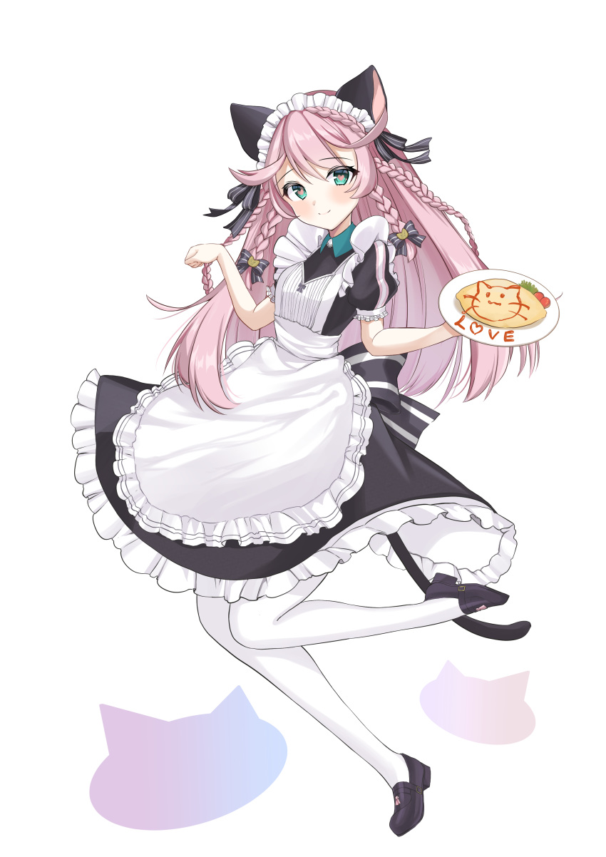 1girl absurdres angelica_(epic7) animal_ears apron bangs black_dress black_footwear blush bow braid chan'nu closed_mouth commentary_request dress epic7 eyebrows_visible_through_hair food green_eyes heart heart-shaped_pupils highres holding holding_plate long_hair looking_at_viewer maid_apron maid_headdress pink_hair plate puffy_sleeves shoes smile solo symbol-shaped_pupils white_background white_legwear