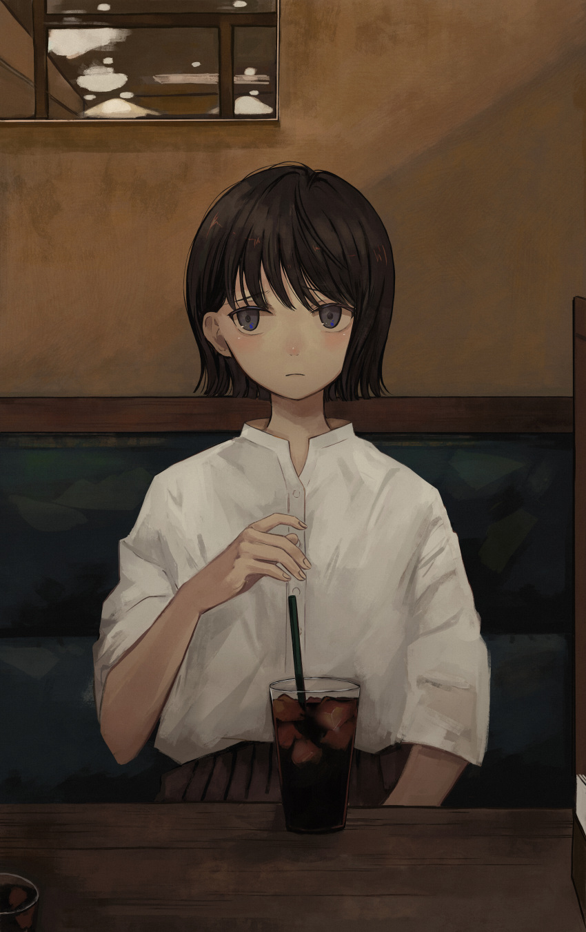 1girl absurdres bangs bob_cut booth brown_eyes brown_hair drink drinking_straw glass hand_up highres ice ice_cube light_blush light_frown looking_to_the_side maoyasumisumi mirror original pleated_skirt raised_eyebrows restaurant shirt sitting skirt soda table white_shirt