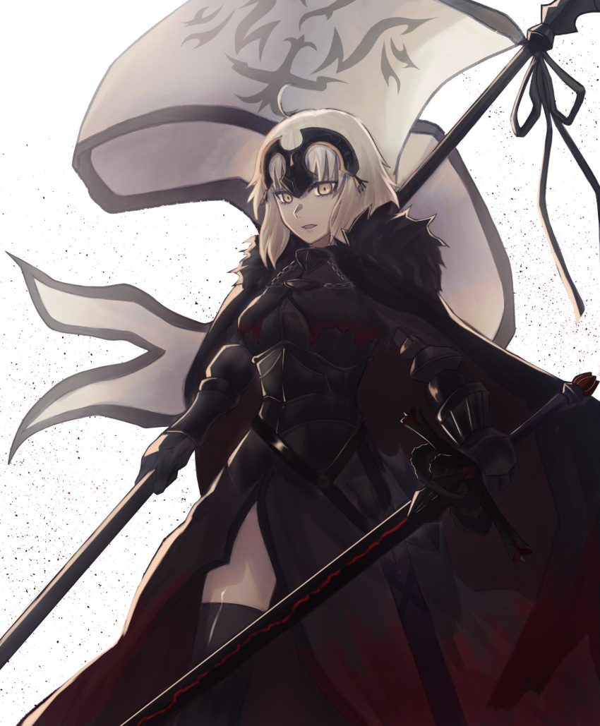 1girl ahoge armor armored_dress banner black_cape black_dress black_legwear black_ribbon cape chain doragonboll0127 dress fate/grand_order fate_(series) faulds gauntlets headpiece highres holding holding_sword holding_weapon jeanne_d'arc_(alter)_(fate) jeanne_d'arc_(fate)_(all) ribbon shiny shiny_legwear shiny_skin short_hair silver_hair simple_background solo standing sword thigh-highs weapon white_background yellow_eyes