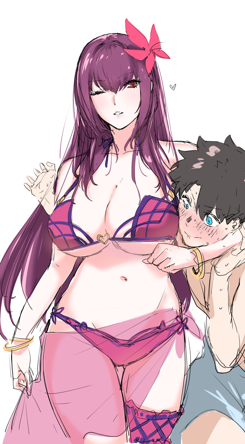 1boy 1girl absurdres bikini blush bracelet breasts brown_hair commentary_request fate/grand_order fate_(series) flower fujimaru_ritsuka_(male) hair_flower hair_intakes hair_ornament headlock heart hibiscus highres jewelry large_breasts leg_garter male_swimwear one_eye_closed pink_bikini purple_bikini purple_hair purple_sarong red_eyes sarong scathach_(fate)_(all) scathach_(swimsuit_assassin)_(fate) slept_(re_mix) swim_trunks swimsuit swimwear