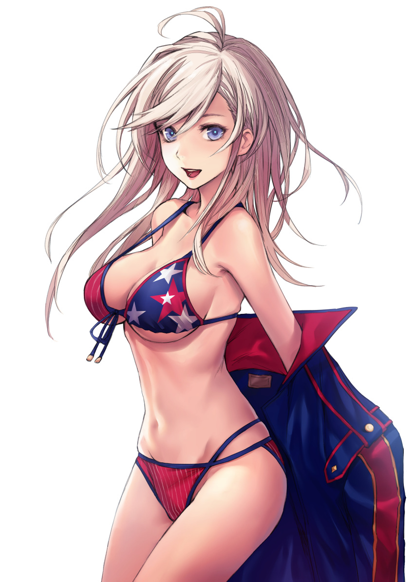 1girl absurdres american_flag_bikini applekun asymmetrical_hair bangs bikini blue_eyes breasts fate/grand_order fate_(series) flag_print highres large_breasts miyamoto_musashi_(fate/grand_order) multi-strapped_bikini_bottom navel pink_hair shrug_(clothing) swept_bangs swimsuit two-tone_swimsuit white_background