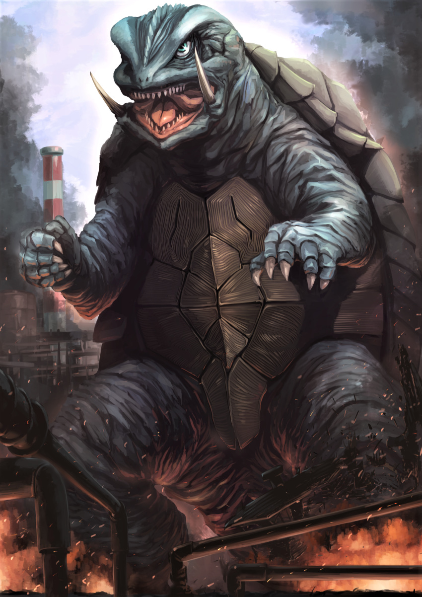 claws commentary dai_toro fangs fire gamera gamera_(series) highres kaijuu monster no_humans oldschool open_mouth pipes plastron sharp_teeth smoke teeth tokusatsu turtle_shell