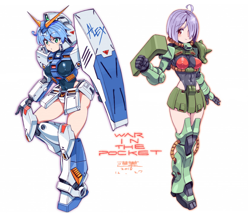 2girls blue_hair clenched_hand copyright_name covered_navel covered_nipples cowlick dated eyebrows_visible_through_hair green_eyes grey_hair gundam gundam_0080 gundam_alex hair_over_eyes highres mecha_musume michi_kuso multiple_girls one_eye_covered open_hand personification red_eyes shield thigh-highs v-fin white_background zaku_ii zettai_ryouiki