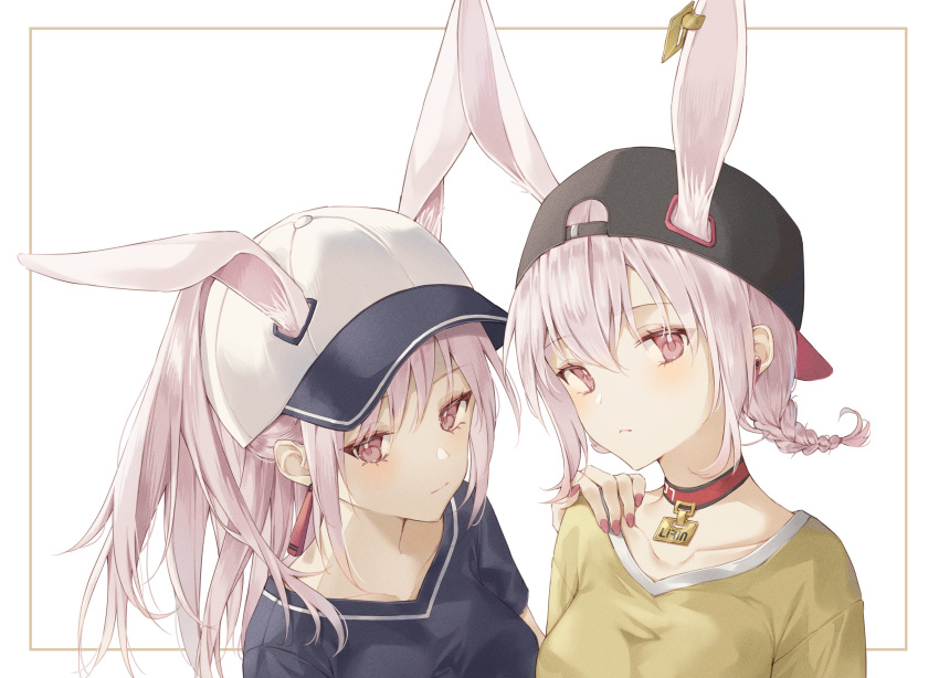 2girls absurdres animal_ears backwards_hat baseball_cap black_shirt borrowed_character braid breasts cha_chya character_name choker collarbone earrings ears_through_headwear extra_ears hand_on_another's_shoulder hat highres jewelry lirin_(bae.c) liza_(bae.c) long_hair looking_at_viewer medium_breasts multiple_girls nail_polish name_tag original pink_eyes pink_hair ponytail rabbit_ears red_choker red_eyes red_nails shirt sidelocks silver_hair single_braid upper_body yellow_shirt