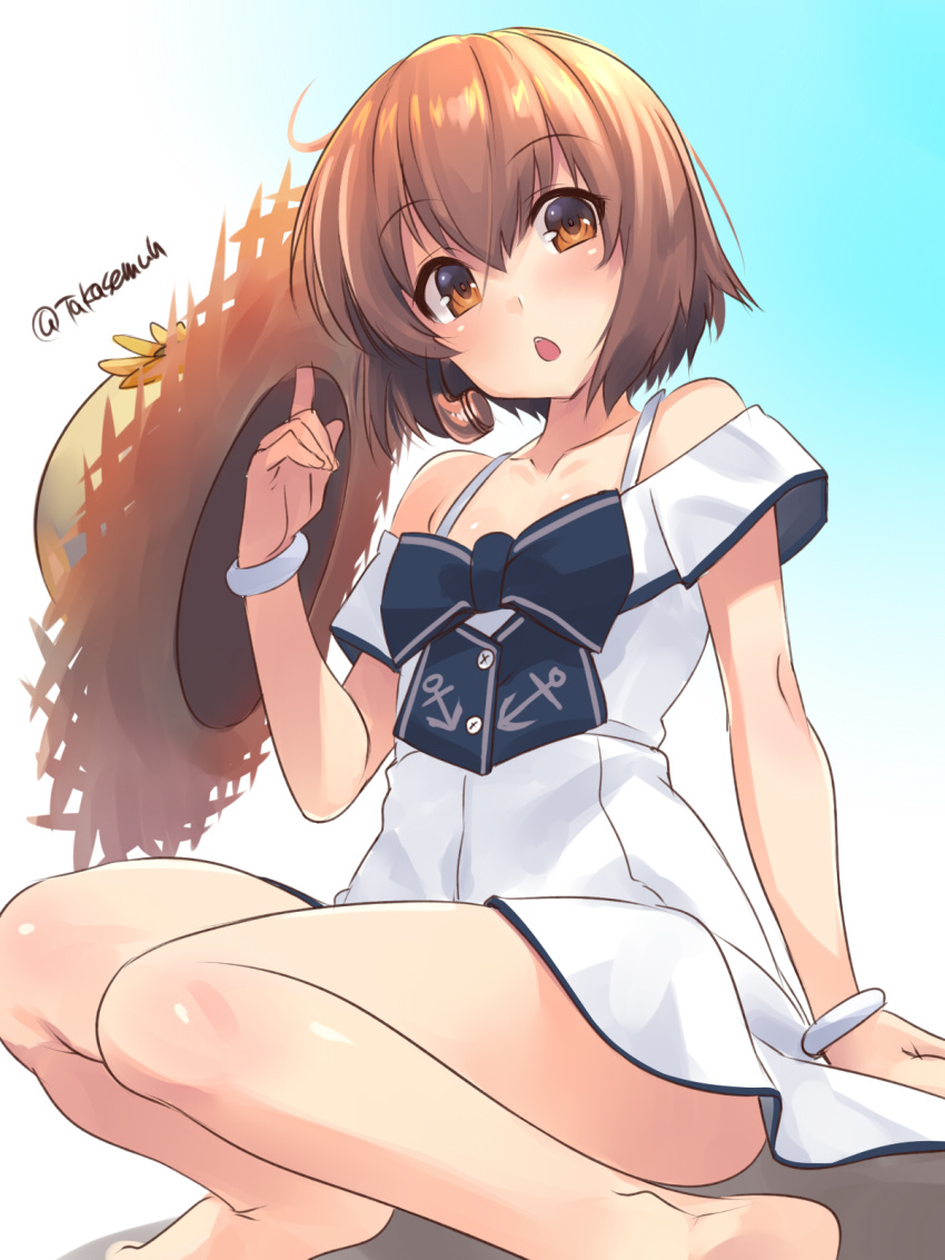 1girl blue_background brown_eyes brown_hair commentary_request dress feet_out_of_frame gradient gradient_background hat highres kantai_collection looking_at_viewer open_mouth short_hair sitting solo speaking_tube_headset straw_hat sun_hat sundress takase_muu white_dress yukikaze_(kantai_collection)