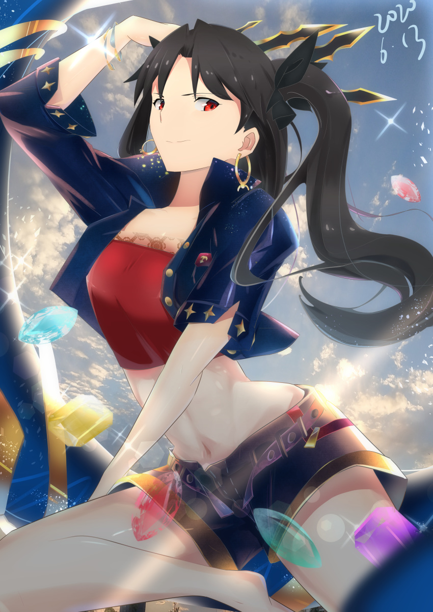 1girl absurdres arm_up bandeau bangs barefoot black_hair blue_jacket blue_shorts blue_sky bracelet breasts closed_mouth cropped_jacket earrings fate/grand_order fate_(series) gem heavenly_boat_maanna highres huge_filesize ishtar_(fate)_(all) ishtar_(fate/grand_order) jacket jewelry long_hair looking_at_viewer medium_breasts midriff nakagawa_kanon_(pixiv32798535) navel open_clothes open_jacket parted_bangs red_eyes short_sleeves shorts sky smile thighs tiara two_side_up weapon