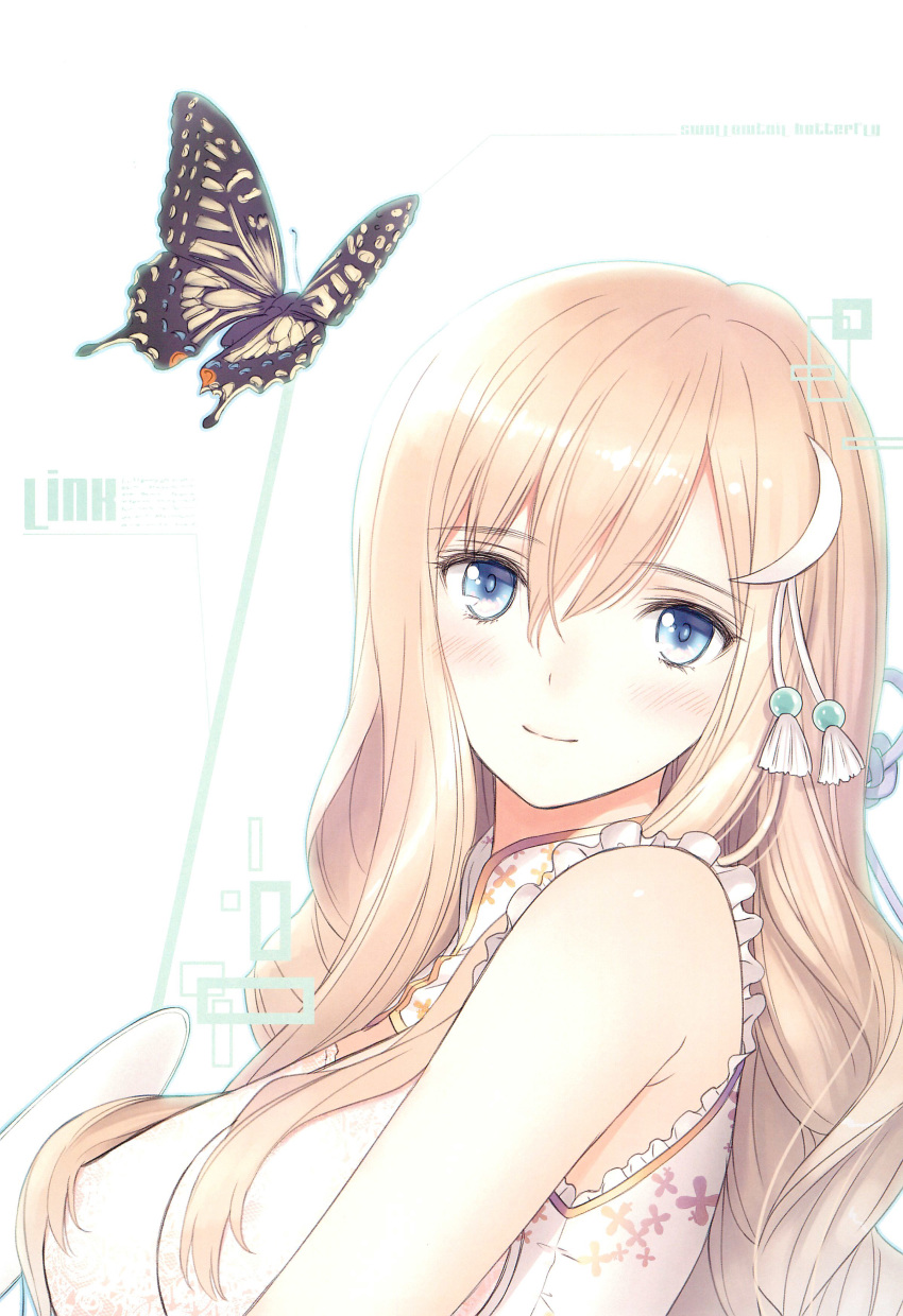1girl absurdres bangs bare_shoulders blonde_hair blue_eyes blush breasts bug butterfly closed_mouth eyebrows_visible_through_hair frills hair_ornament highres insect long_hair looking_at_viewer medium_breasts original scan shiny shiny_hair shiny_skin simple_background sleeveless smile solo tanaka_takayuki upper_body white_background wings