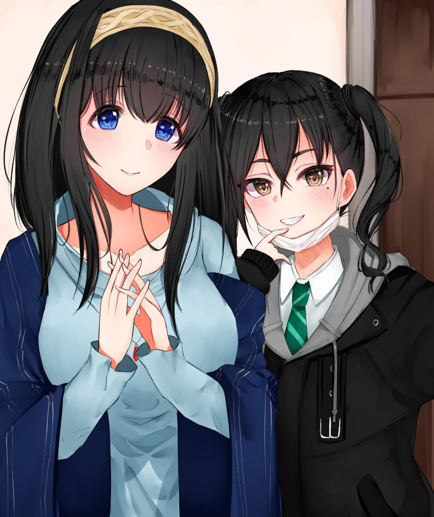 2girls black_hair black_jacket blue_eyes blue_shawl blue_shirt blush breasts brown_eyes collarbone commentary_request door eyebrows_visible_through_hair fang green_neckwear grin hair_between_eyes head_tilt highres idolmaster idolmaster_cinderella_girls jacket large_breasts long_hair looking_at_viewer loose_clothes loose_shirt mask mask_pull mole mole_under_eye mouth_mask multiple_girls necktie sagisawa_fumika sekia998 sharp_teeth shirt smile striped striped_neckwear sunazuka_akira surgical_mask teeth twintails white_shirt